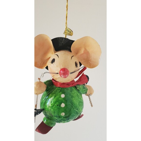 Vintage Christmas Ornament Paper Mache Witch Mouse On Skis Taiwan 1980s Folk Art - Picture 8 of 11